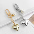 Puffy Metal Heart Charm Keychain With Bow Or Pearl Accent view 1