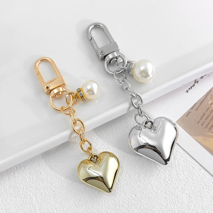 Puffy Metal Heart Charm Keychain With Bow Or Pearl Accent