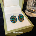 Blue Green Oval Crystal Halo Stud Earrings Jewelry view 4