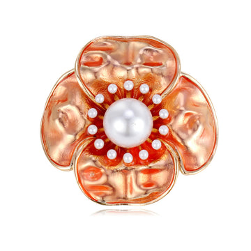 Orange Camellia Enamel Pearl Look Metal Brooch Pin