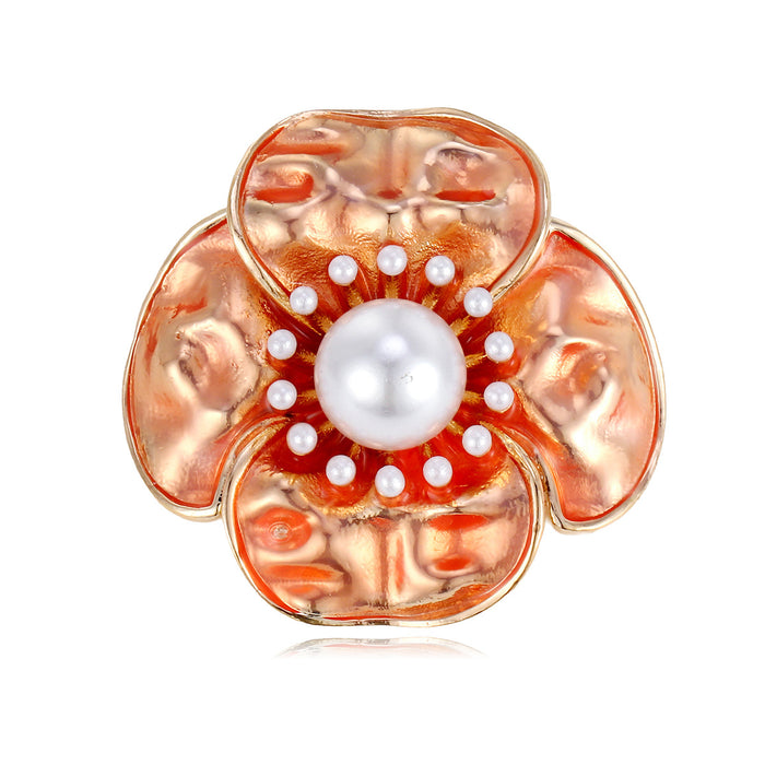 Orange Camellia Enamel Pearl Look Metal Brooch Pin