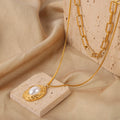 Gold Double Layer Paperclip Box Chain Faux Pearl Pendant Necklace view 2