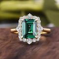Emerald Green Rectangular Clear Stone Halo Ring In Gold Tone view 1