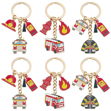 Red Fire Truck Extinguisher Helmet and Flame Keychains