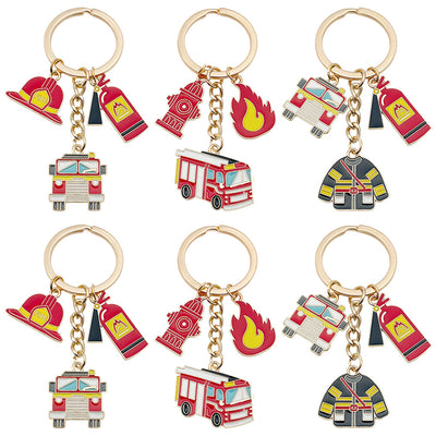 Main display of red fire truck extinguisher helmet and flame keychains