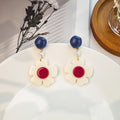 Navy Blue Cream Flower Pearl Drop Earrings Red Center view 2