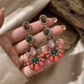 Coral and Green Beaded Floral Teardrop Statement Earrings view 1