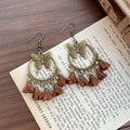 Five Brown Beaded Fringe Boho Statement Long Hook Earrings view 3