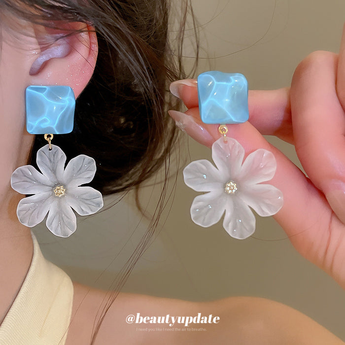 Blue Square and White Flower Drop Stud Earrings With Gold Tone Centers