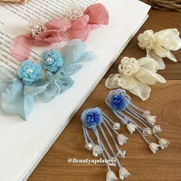 Fabric Flower Cascade Stud Earrings in Three Colors