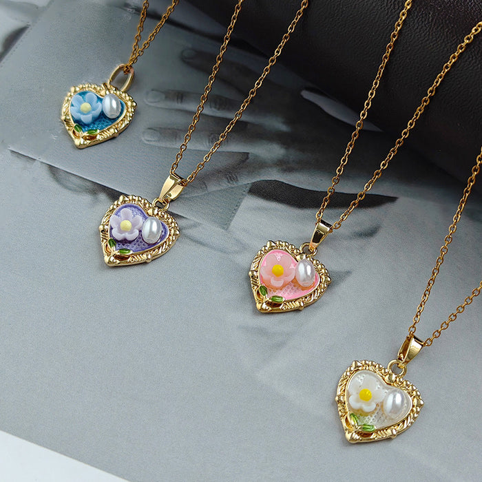Heart Flower And Pearl Accent Pendant Necklace In Four Colors