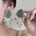 Blue Oval Medallion Pearl Look Fringe Stud Earrings view 1