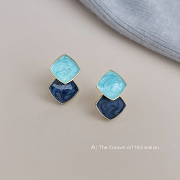 Gold-Rim Aqua Navy Stacked Marbled Square Stud Earrings
