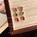 Gold Tone Purple Green Red Oval Stone Long Drop Stud Earrings view 3