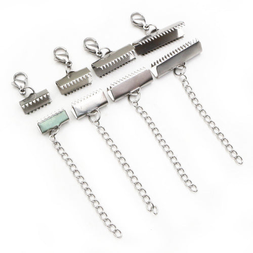 Image 1 showing stainless steel ribbon crimp ends with lobster clasp and chain in the pictured colors and forms