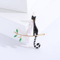 Black and White Cats on Branch Brooch with Green Leaves view 6
