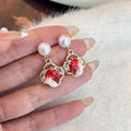 Red Horse Round Frame Pearl Look Drop Stud Earrings view 2