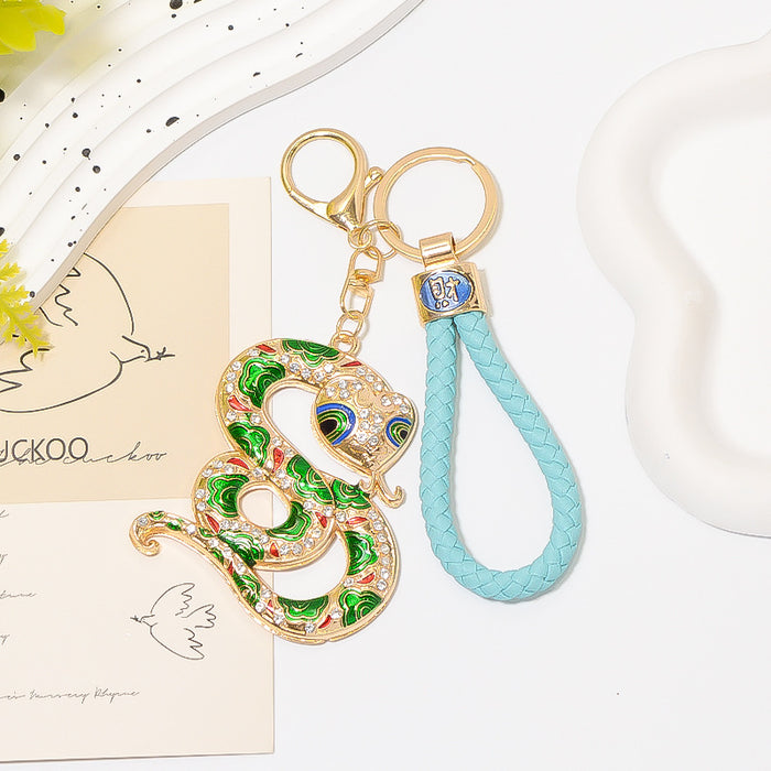 Rhinestone Snake Keychain Gold Metal Charm with Cord Options