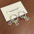 Silver Tone Star Moon and Color Bead Hoop Earrings view 3