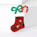 Red Crystal Christmas Stocking Brooch With Bow and Candy Cane view 1
