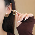 Leopard Pattern Velvet Look Square Gold Stud Earrings view 1