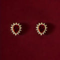 Gold Tone Red Teardrop Halo Stud Earrings Clear Accents view 3