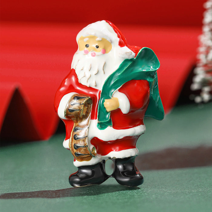 Santa Claus Enamel Brooch With Green Gift Sack and List