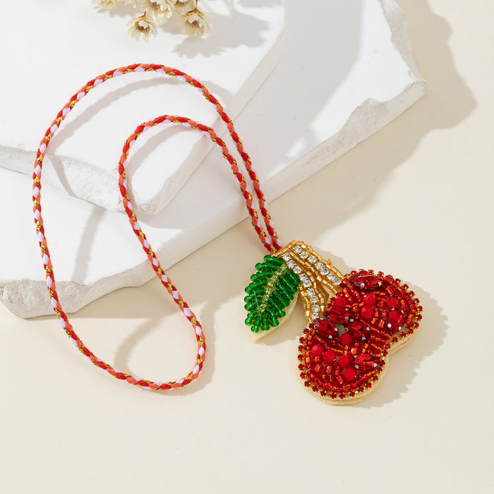 Red Beaded Cherry Charm Pendant With Rhinestone Accents