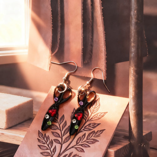 Pair black craft scissors earrings colorful rhinestones on stamped leather patch
