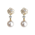 Cream Enamel Camellia Pearl Zircon Drop Stud Earrings view 5