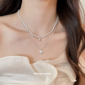 Layered Crystal Star and Pearl Necklace in Silver Tone view 1