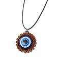 Wood Scalloped Round Blue Evil Eye Pendant Necklace on Black Cord view 5