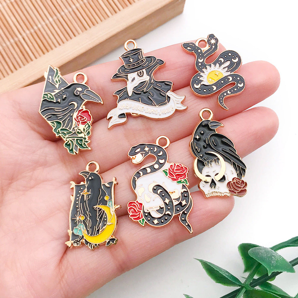 Enamel Zinc Alloy Skull Crow Bird Charm Pendants for Dark Style DIY Bracelet Keychain Jewelry