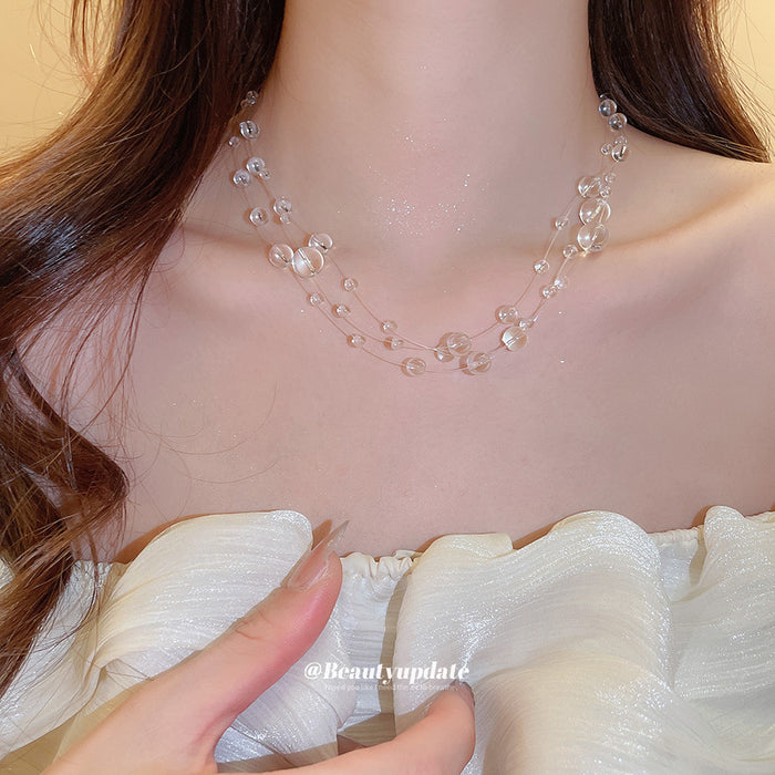 Triple Strand Clear Glass Bubble Bead Necklace Layered
