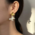 Gold and Clear Layered Butterfly Dangle Stud Earrings view 1
