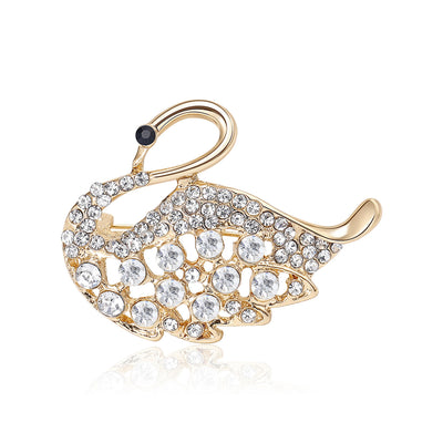 Gold-tone clear rhinestone swan brooch front view