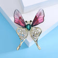 Gold Butterfly Brooch Green or Pink Resin Wings Rhinestone Body view 4