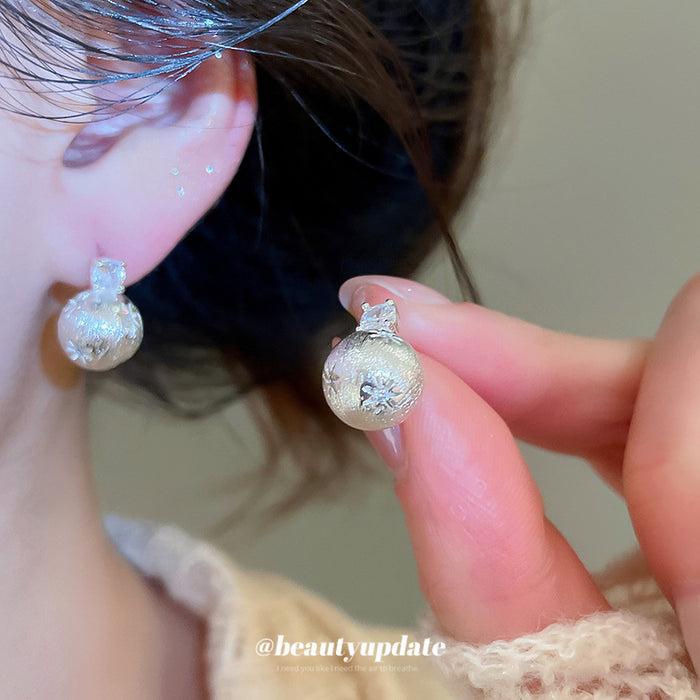 Textured Round Ball Stud Earrings With Snowflake Crystal Tops