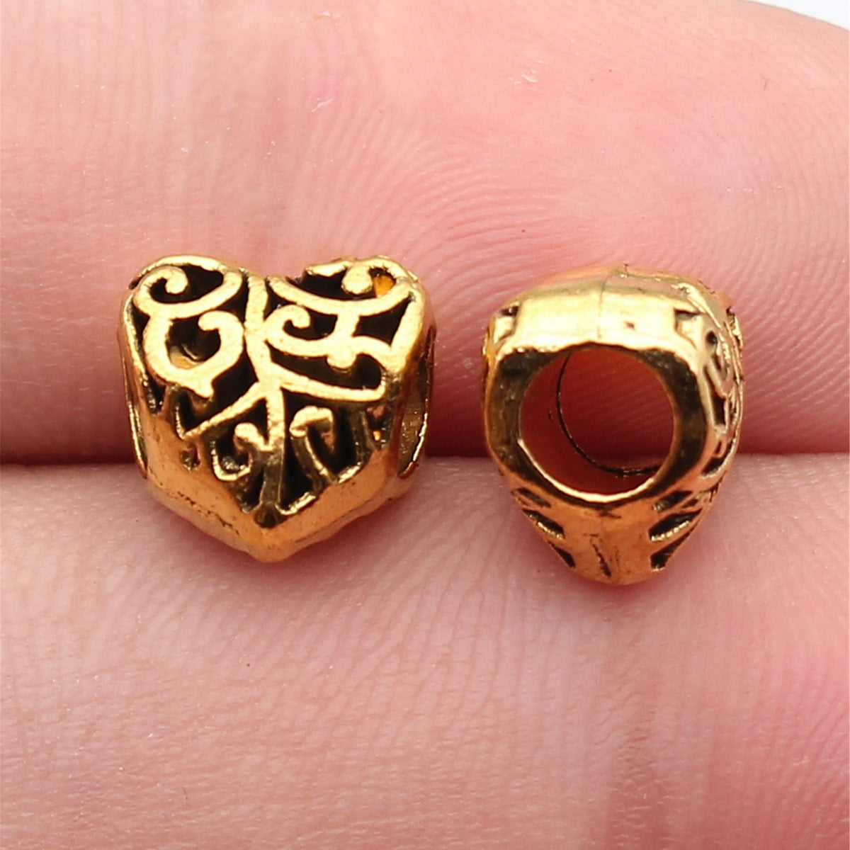 10x10x8.1mm 1.9g Antique Gold Zinc Alloy Openwork Carved Heart Large Hole Hollow Beads for DIY Bracelets
