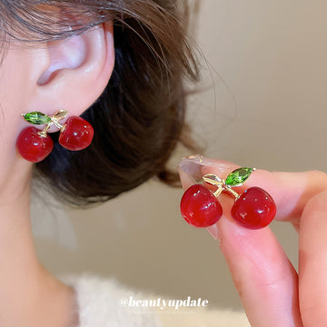 Glossy Red Cherry Stud Earrings with Small Green Leaves