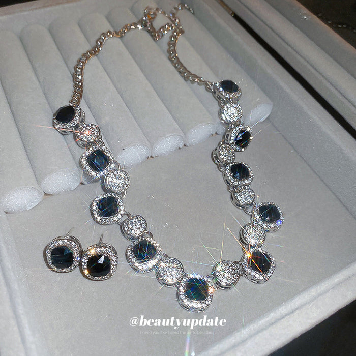 Black Cushion Crystal Link Necklace And Earrings In Silver Tone