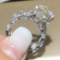 Silver Tone Round Crystal Ring with Leaf Detail Band view 4