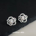 Silver Textured Camellia Flower Pearl Stud Earrings view 3