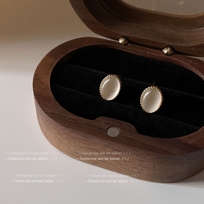 Gold-Tone Oval White Cat Eye Glass Mini Stud Earrings