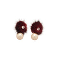 Beige Fuzzy Pom Pom Earrings With Large Pearl Like Drops view 5