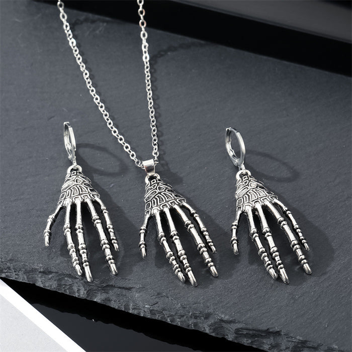 Silver Tone Skeleton Hand Pendant Necklace and Huggie Earrings
