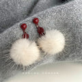 Red Stud White Fur Pom Pom Drop Earrings Pair Style view 3