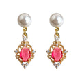 Gold Pearl Stud Earrings Red Crystal Ornate Frame Drops view 5