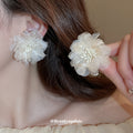 Blue And White Layered Mesh Flower Beaded Stud Earrings view 3