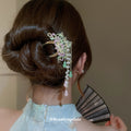 Gold Tone Floral Hair Claws With Green Chain Fringe Or Pearl Like Drops view 1